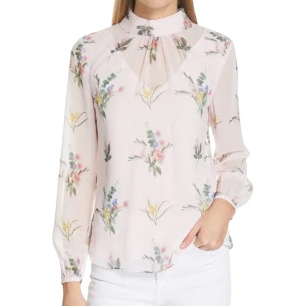 Ted Baker London Floral Mock Neck Chiffon Blouse Womens 2 Long Sleeve
